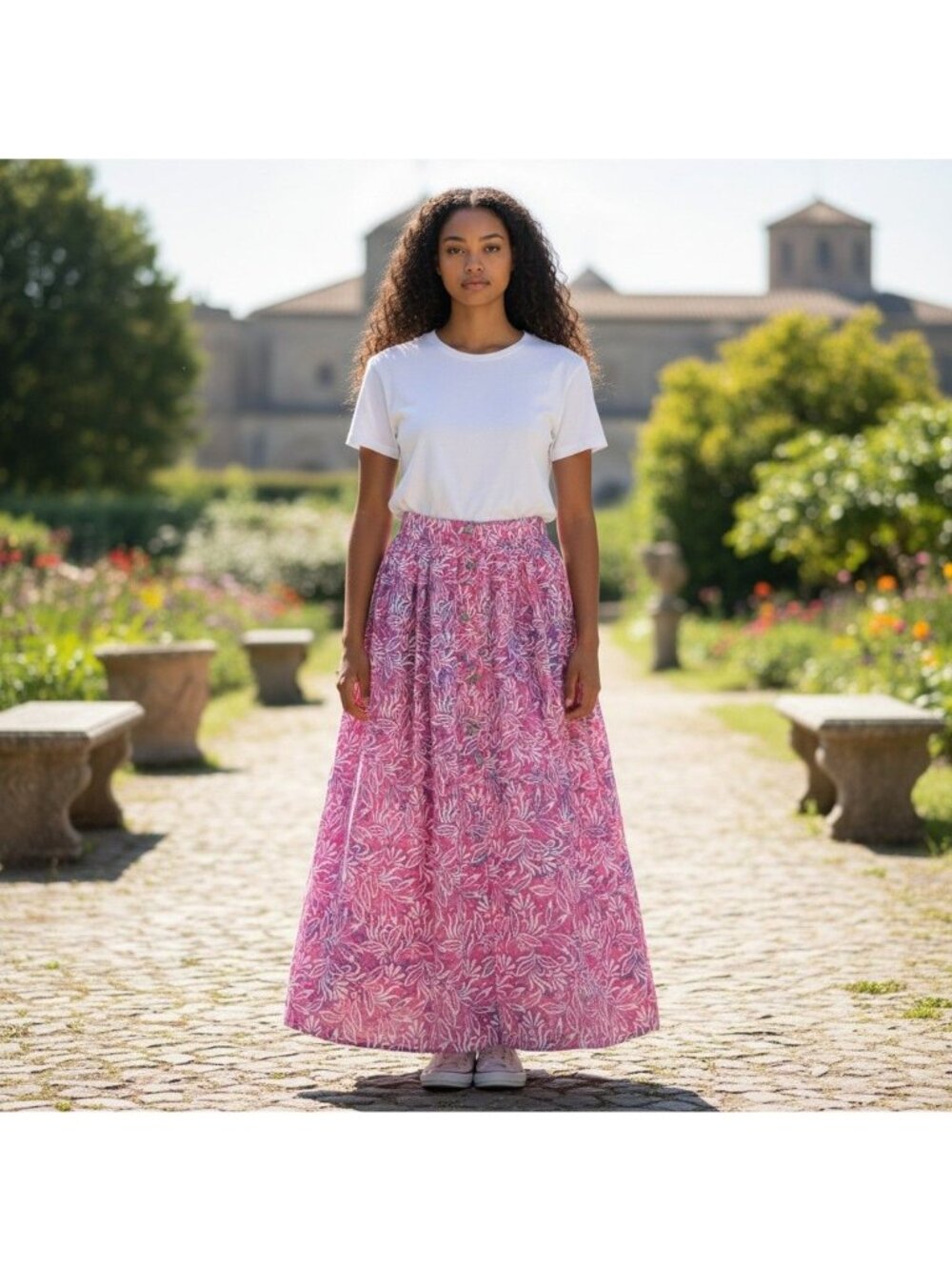 Three Islands Pink Tiered Floral Maxi Skirt With Elastic Waist Size M